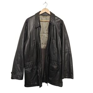 Wilkes Bashford Black Leather Coat Made in Italy Wool Cashmere Lined
